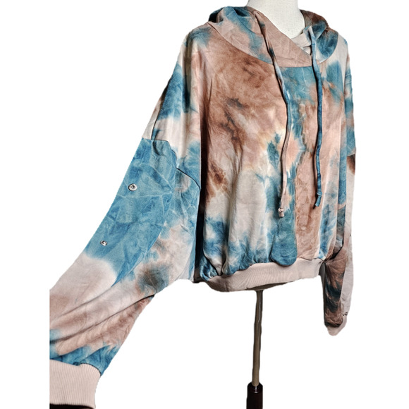 NWT Hem and Thread Womens Tie Die Oversized Hoodie Teal and Brown Large - Picture 2 of 15